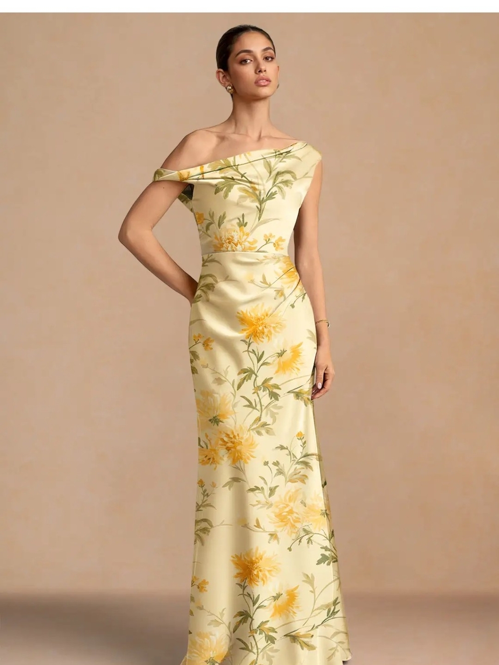 Azazie Yellow Floral One-Shoulder Gown